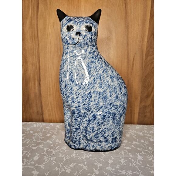 Vtg Cat Figurine White Blue Ceramic 9” Tall Enesco Designed Spongeware Taiwan - Picture 2 of 8
